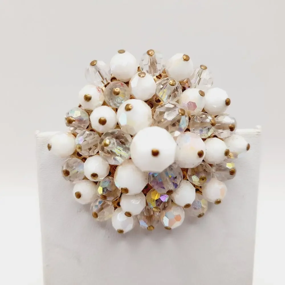 Vintage Beaded Brooch Clear & White AB Crystals Gold Tone Round 2 Inch